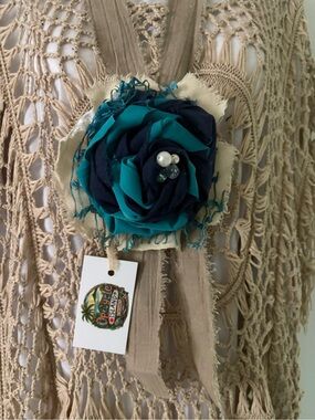Teal and Navy Fabric Flower Jabot Brooch